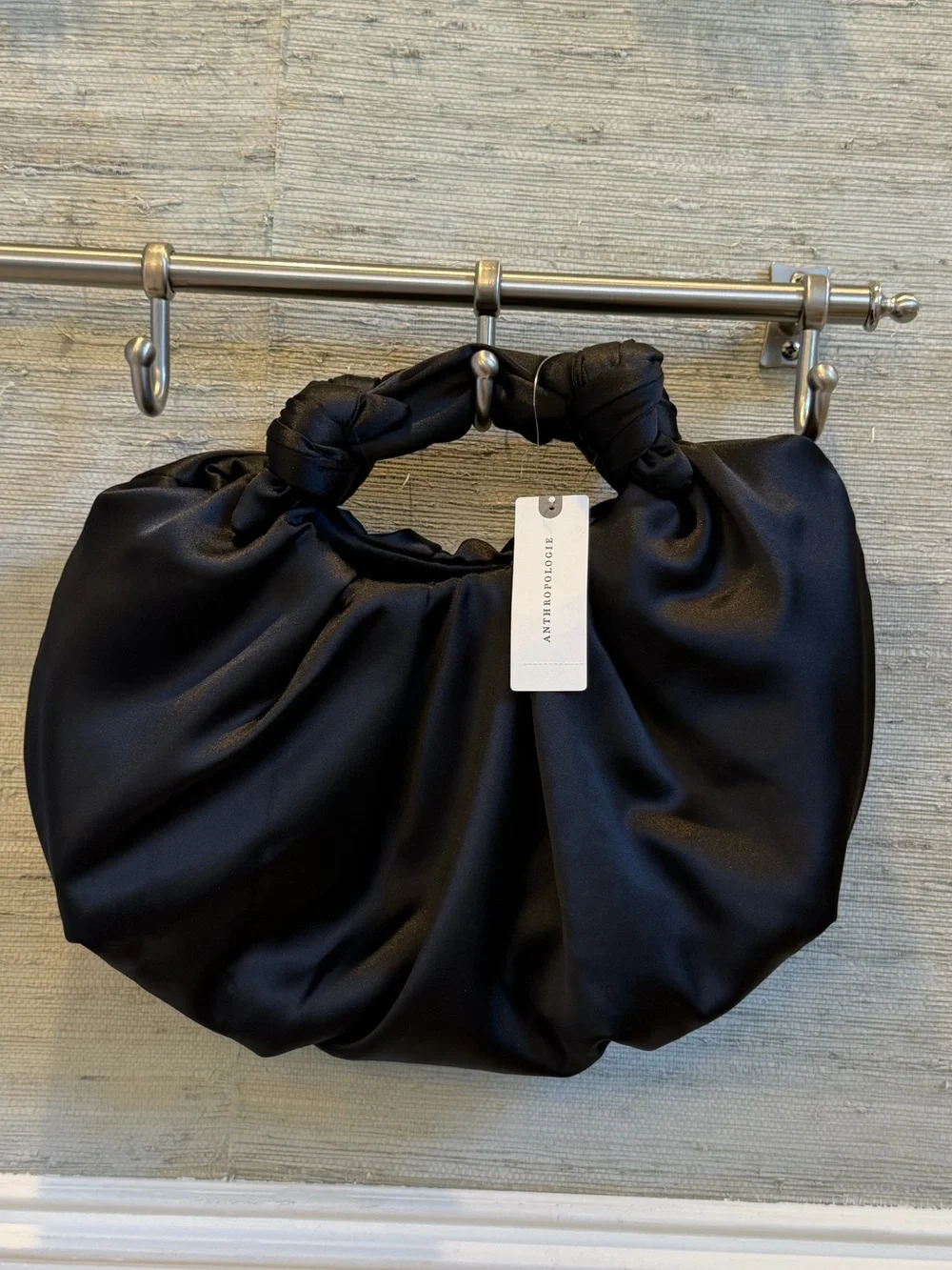 NWT new Anthropologie slouchy satin knotted bag Black teensy imperfection